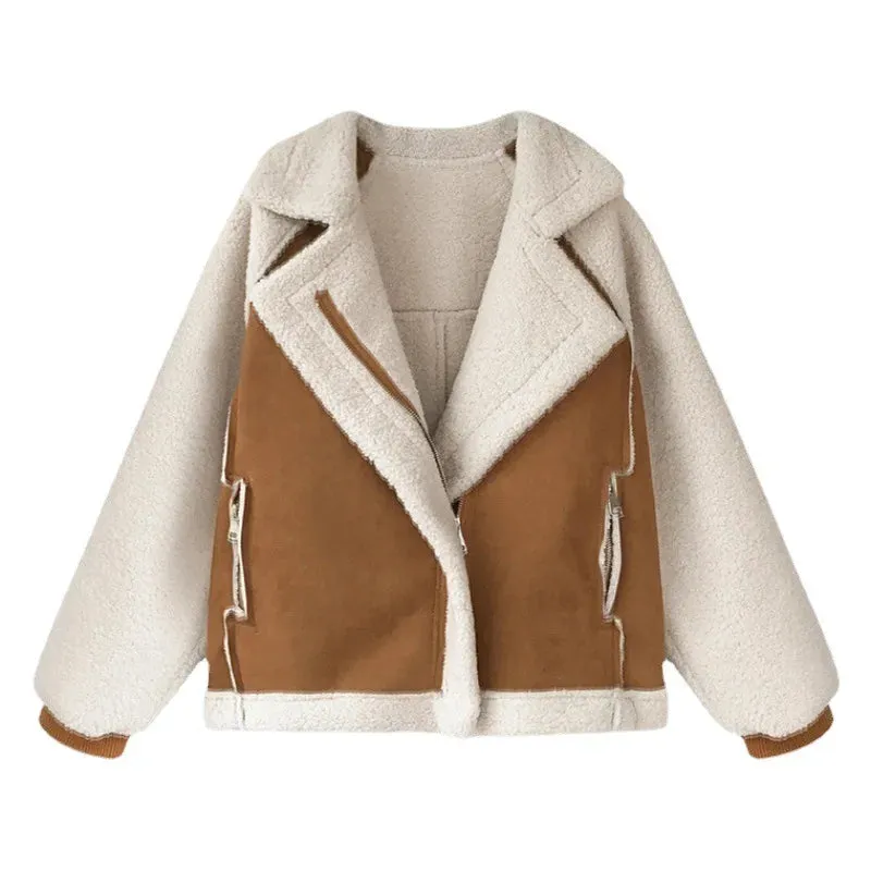 cold weather outfits Joskaa Versatile Tweed Style Jacket 2024 Women's Loose Fit Integrated Chamois Leather Fleece Cropped Sheep Fleece Motorcycle Jacket