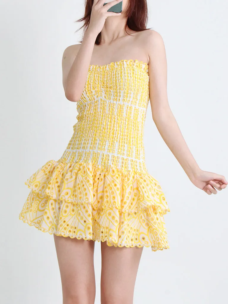 Cotton Smocked Layered Rufle Strapless Mini Dress