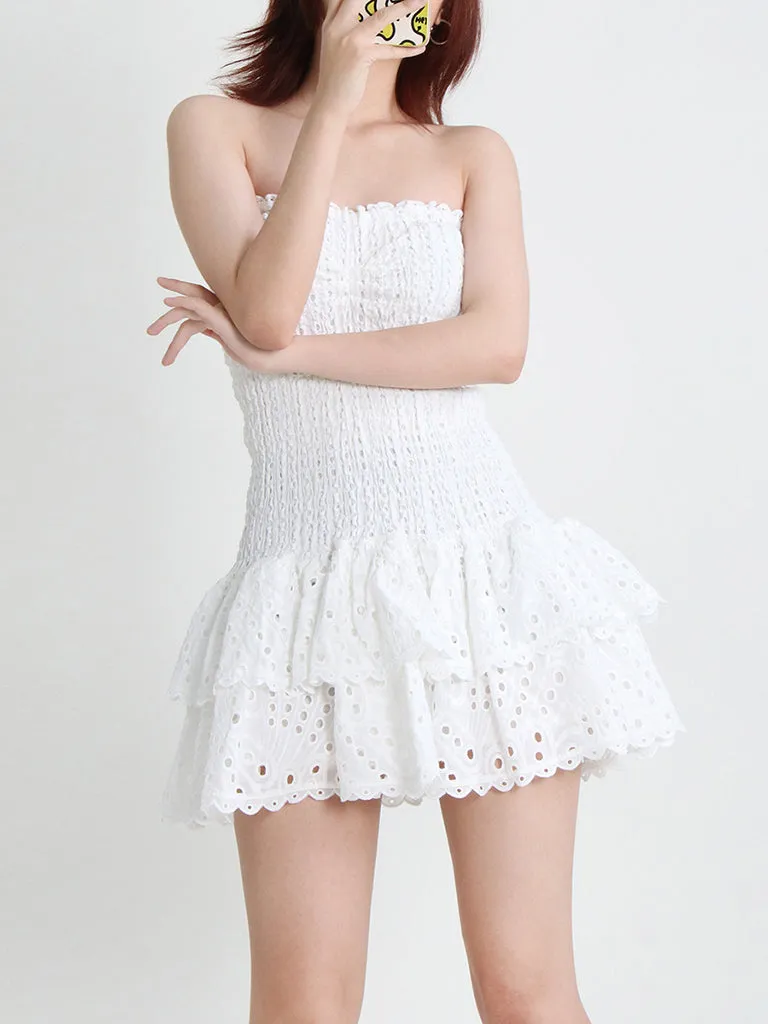 Cotton Smocked Layered Rufle Strapless Mini Dress