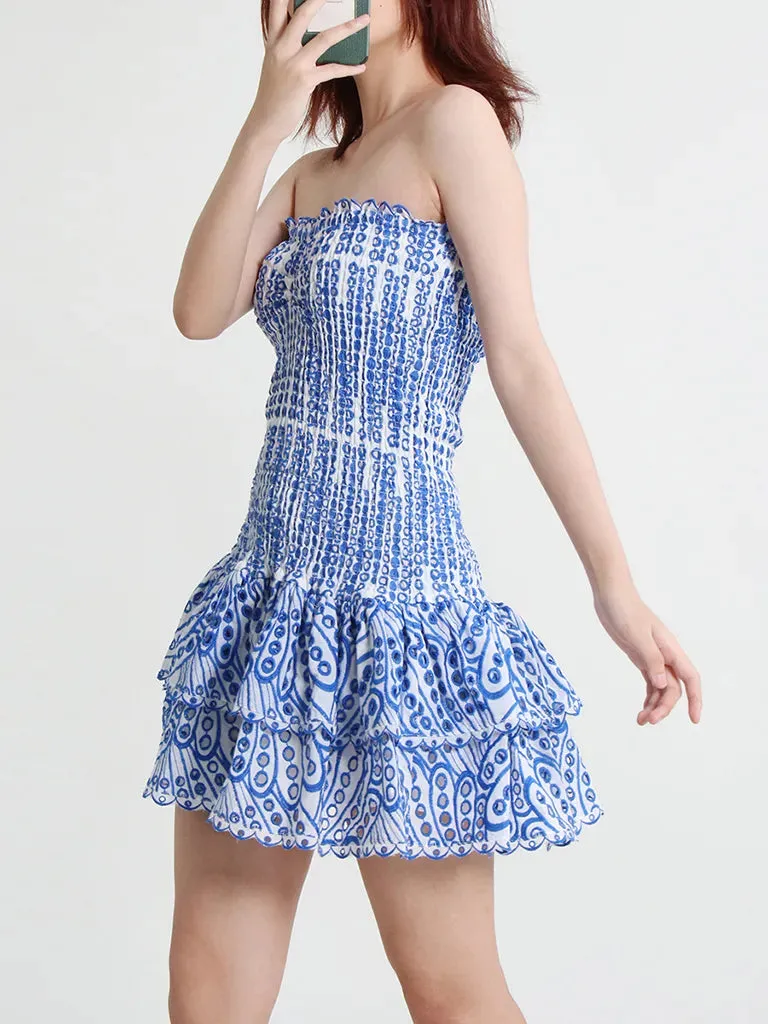 Cotton Smocked Layered Rufle Strapless Mini Dress