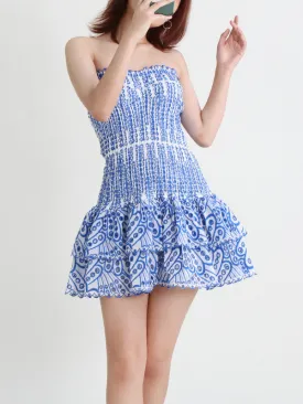 Cotton Smocked Layered Rufle Strapless Mini Dress