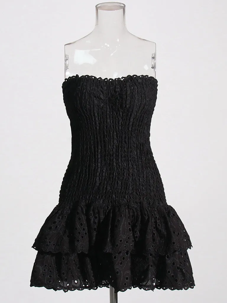 Cotton Smocked Layered Rufle Strapless Mini Dress