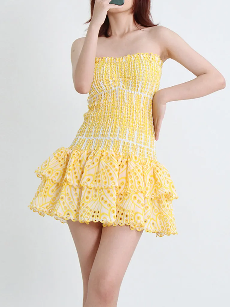 Cotton Smocked Layered Rufle Strapless Mini Dress