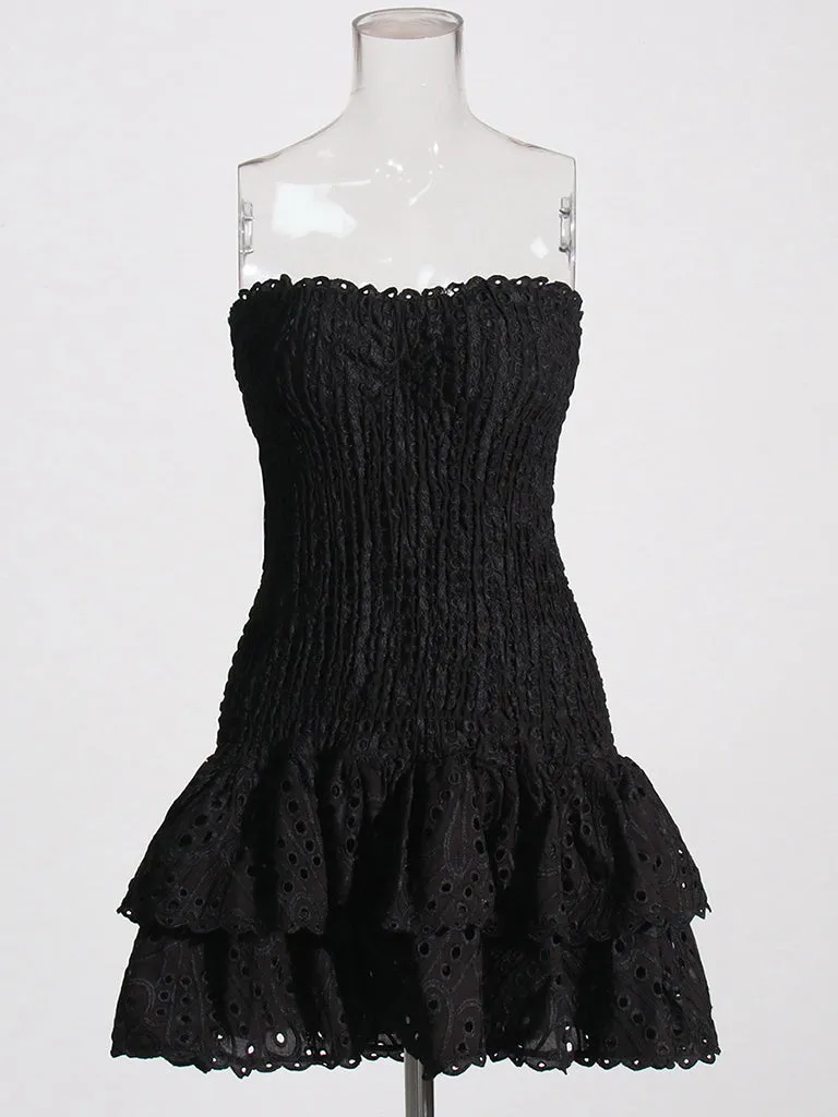 Cotton Smocked Layered Rufle Strapless Mini Dress