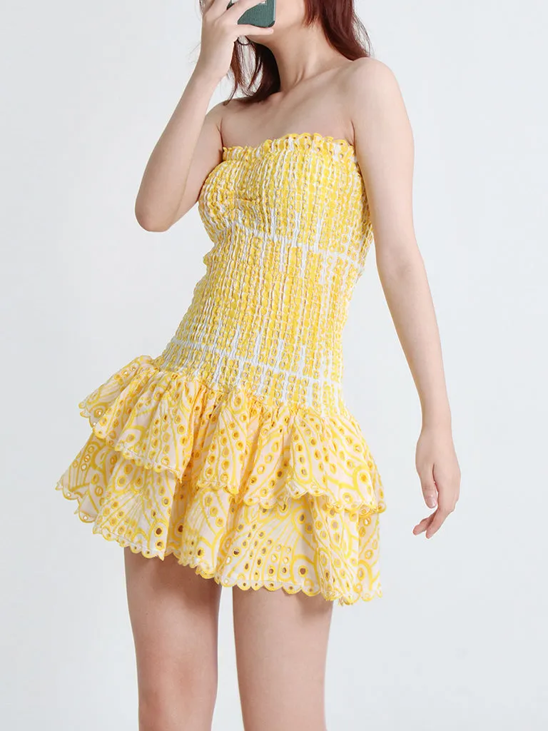 Cotton Smocked Layered Rufle Strapless Mini Dress