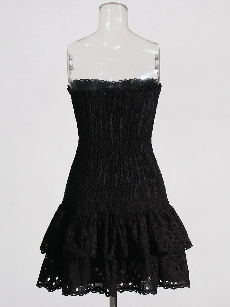 Cotton Smocked Layered Rufle Strapless Mini Dress