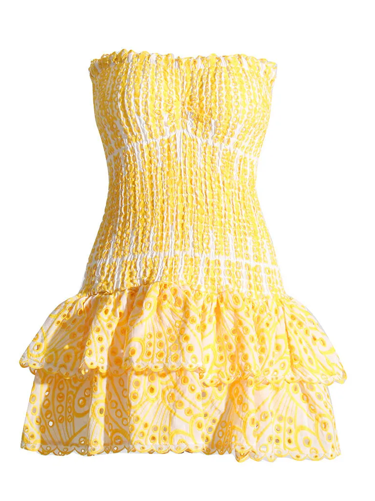 Cotton Smocked Layered Rufle Strapless Mini Dress