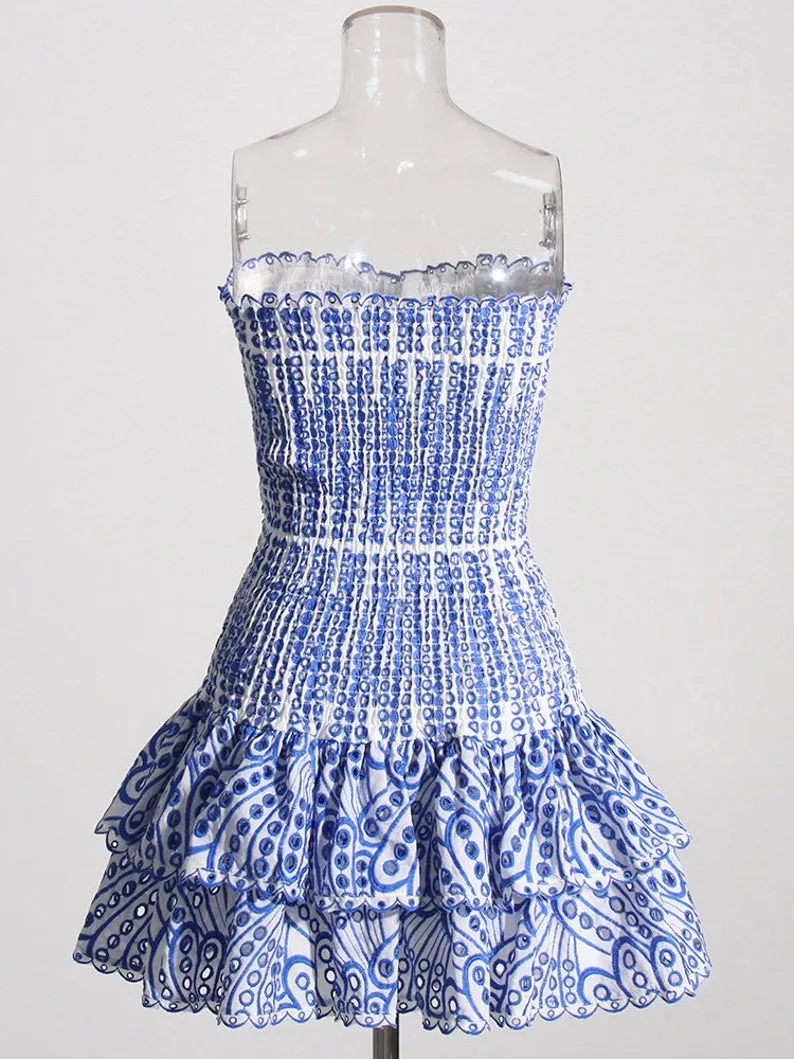 Cotton Smocked Layered Rufle Strapless Mini Dress