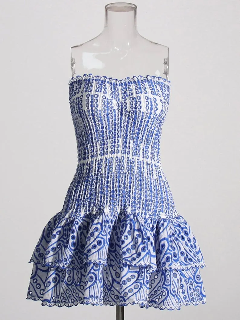 Cotton Smocked Layered Rufle Strapless Mini Dress