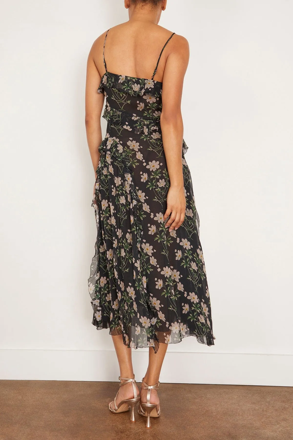 Elizabeth Print Midi Tiered Dress in Black