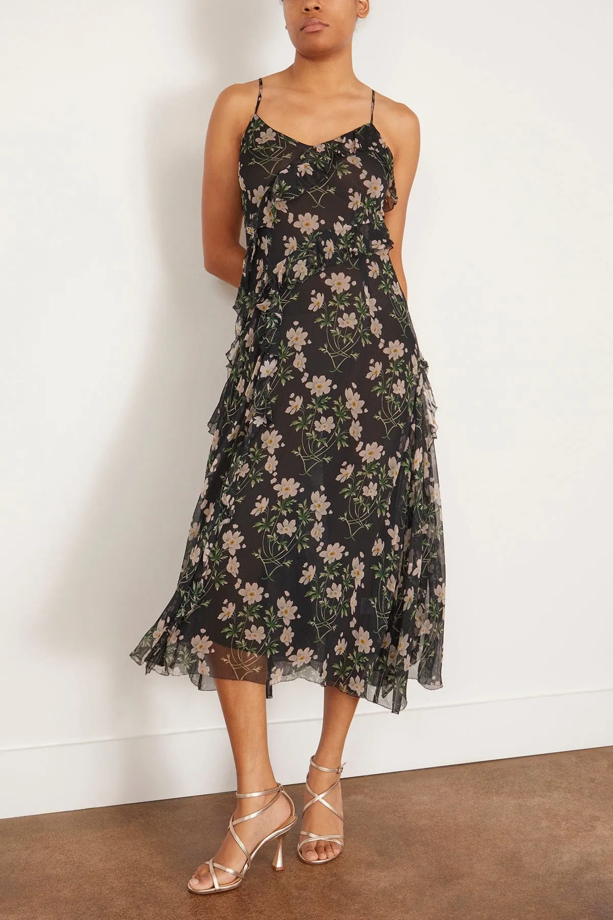 Elizabeth Print Midi Tiered Dress in Black