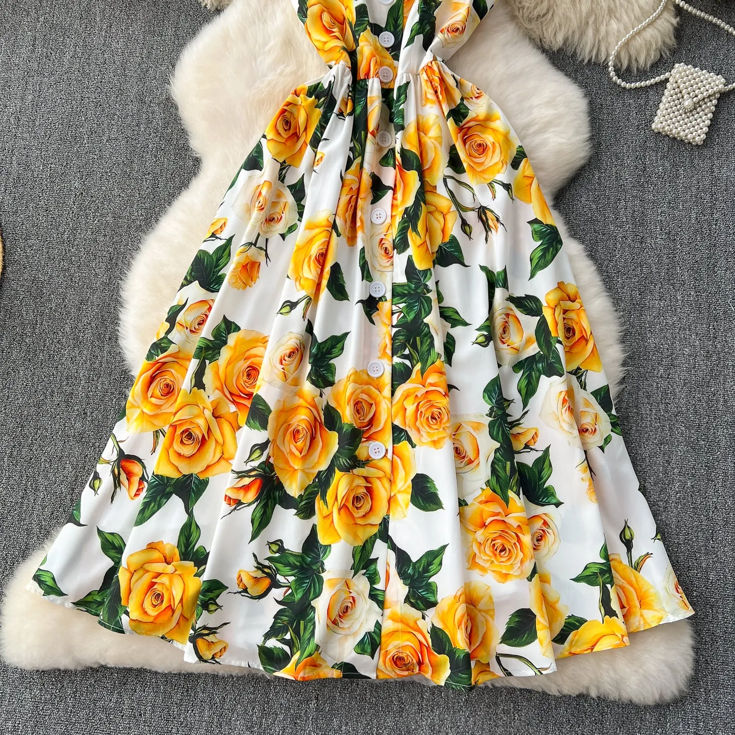 Floral Printed Single-breasted Slip Dress