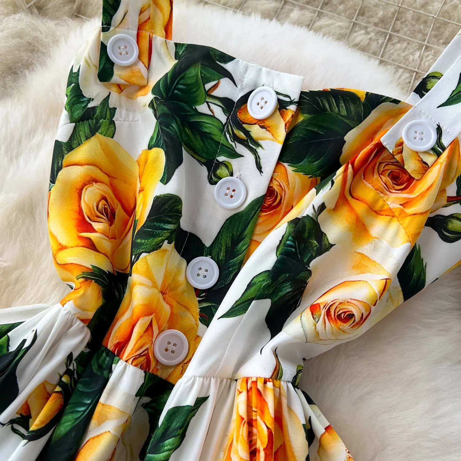 Floral Printed Single-breasted Slip Dress