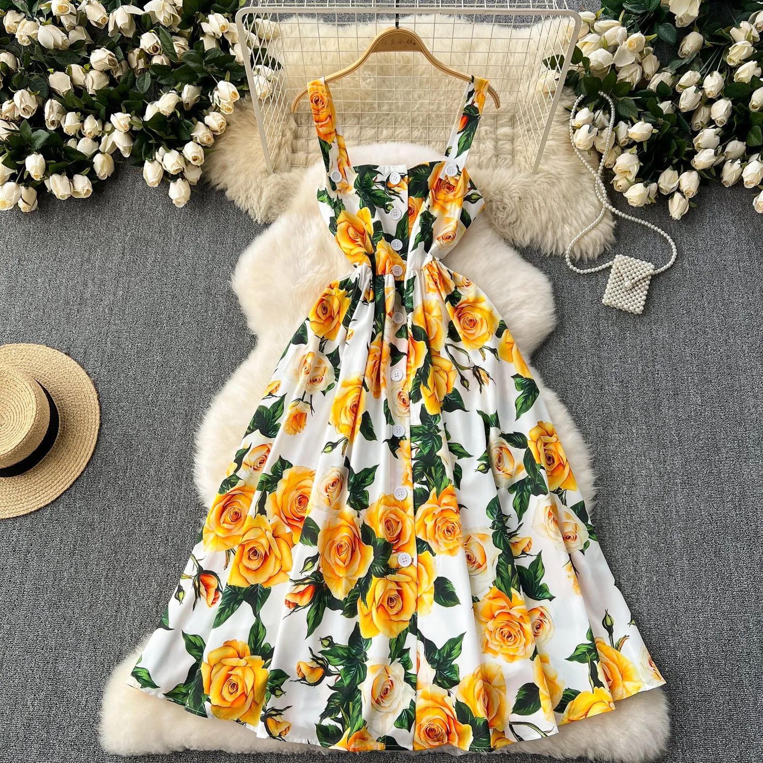 Floral Printed Single-breasted Slip Dress