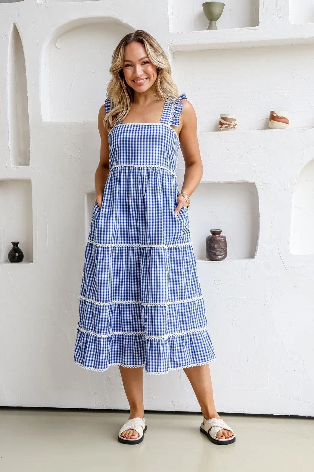 Gingham Check Dress With Lace Trim - Blue