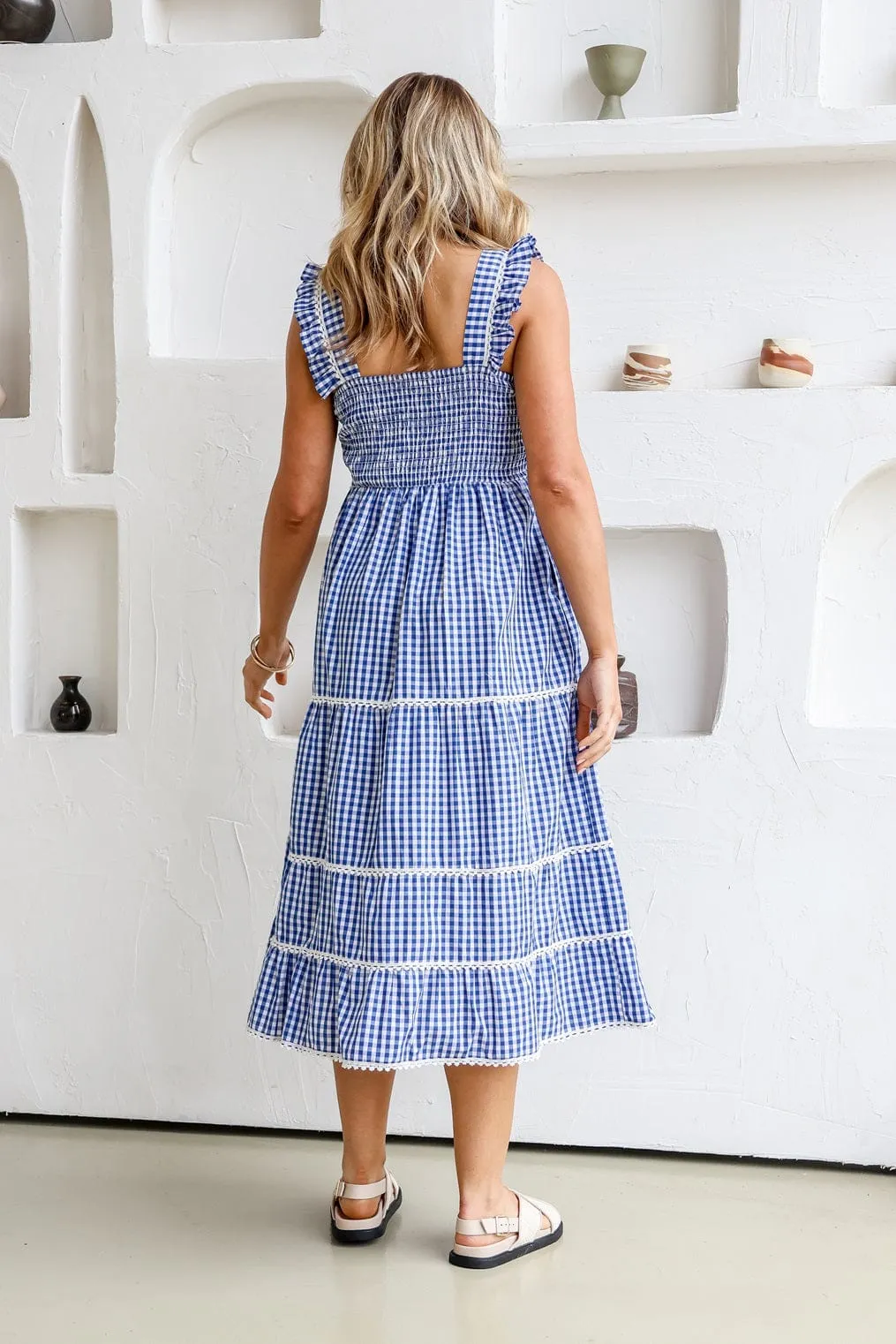 Gingham Check Dress With Lace Trim - Blue