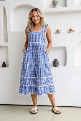 Gingham Check Dress With Lace Trim - Blue