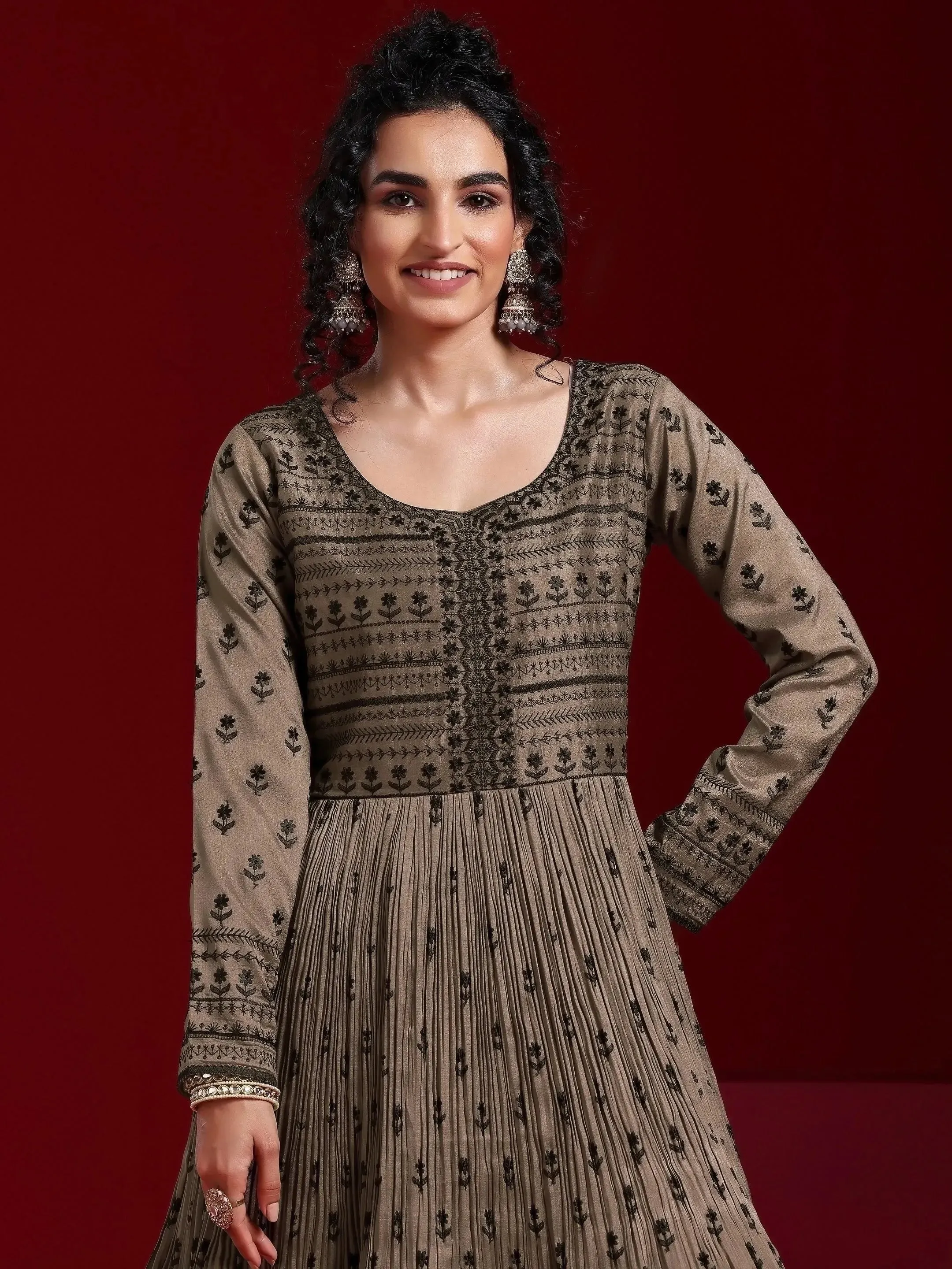 Libas Art Brown Embroidered Silk Blend A-Line Kurta With Sharara & Dupatta