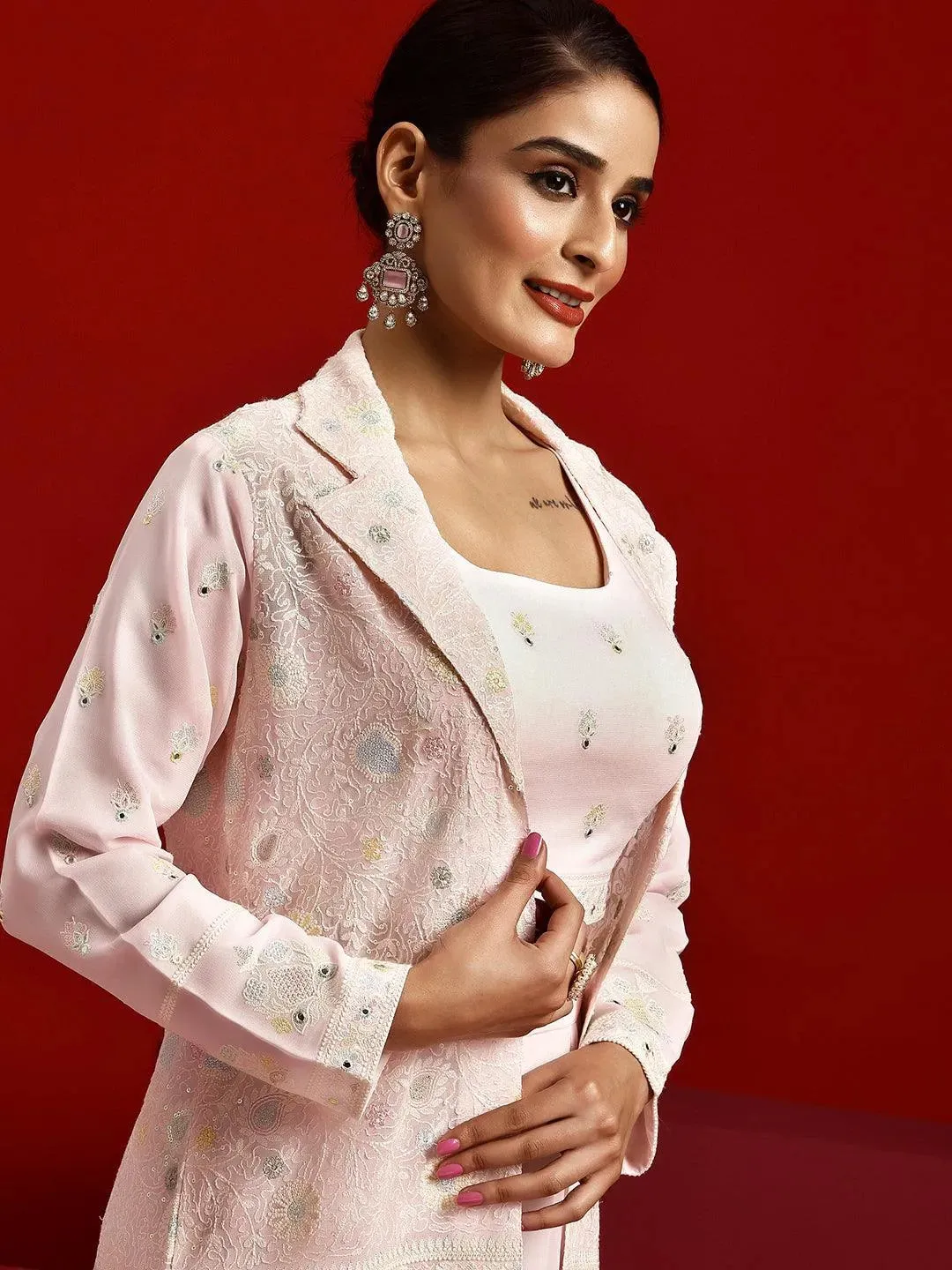 Libas Art Peach Embroidered Georgette 3 Piece Co-Ords