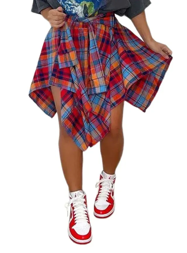 MB FASHION High-Waisted Asymmetrical Plaid Skirt with Faux Tie Detail 6556T