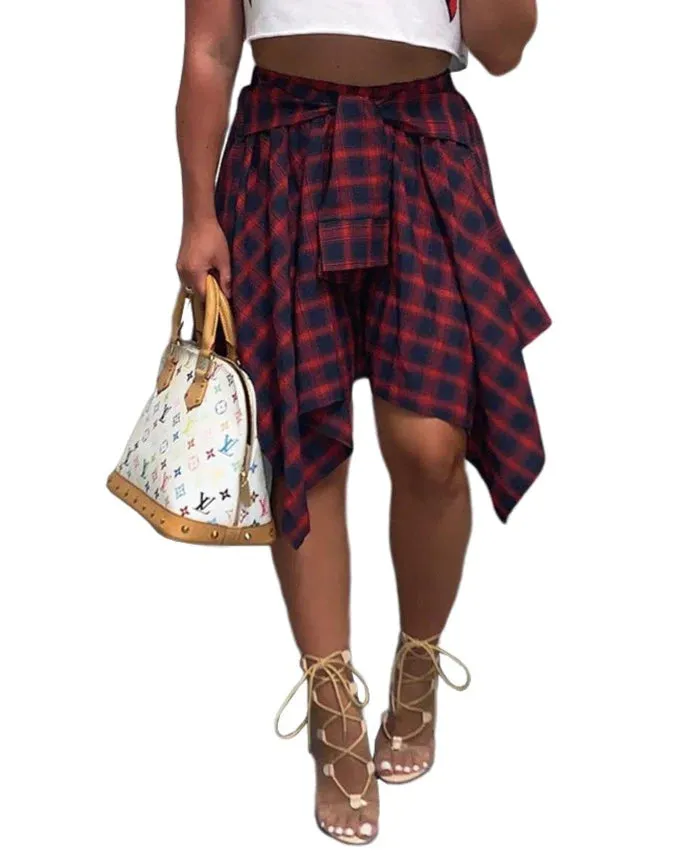 MB FASHION High-Waisted Asymmetrical Plaid Skirt with Faux Tie Detail 6556T