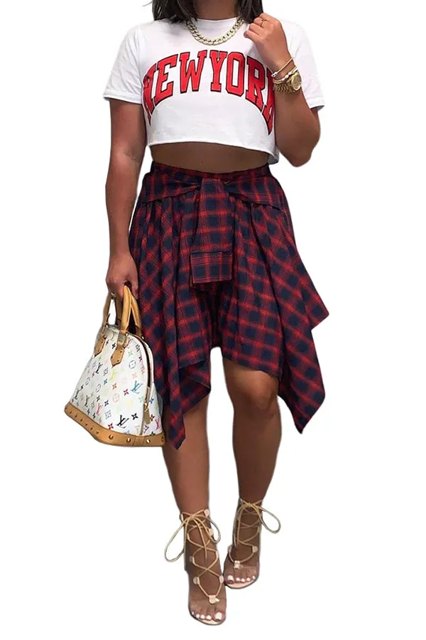MB FASHION High-Waisted Asymmetrical Plaid Skirt with Faux Tie Detail 6556T