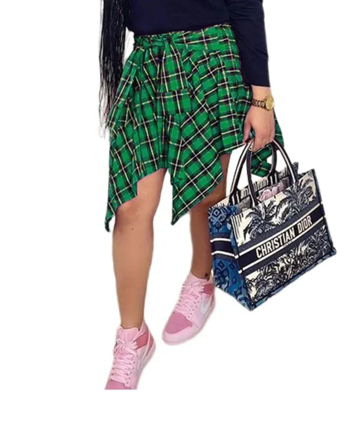 MB FASHION High-Waisted Asymmetrical Plaid Skirt with Faux Tie Detail 6556T