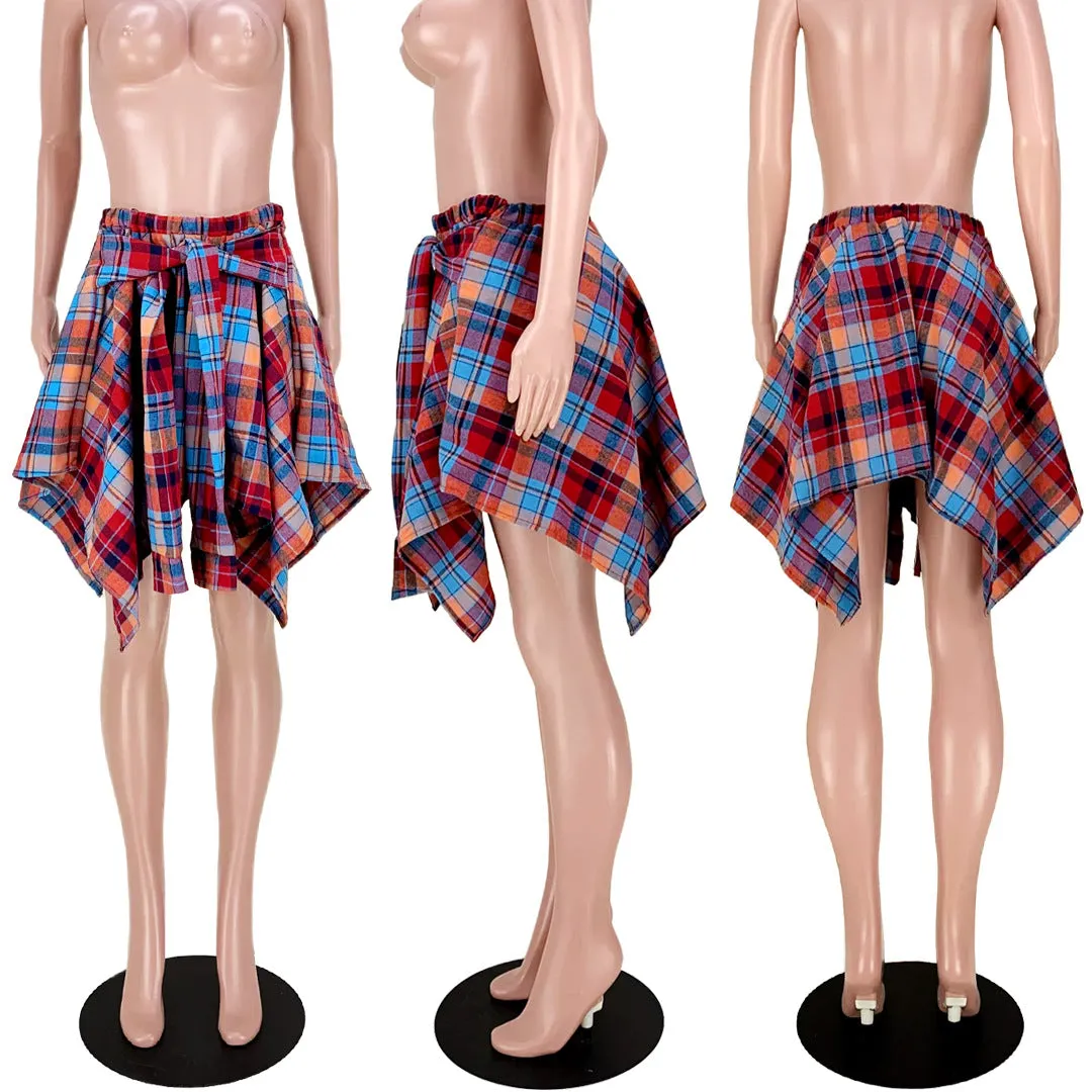 MB FASHION High-Waisted Asymmetrical Plaid Skirt with Faux Tie Detail 6556T