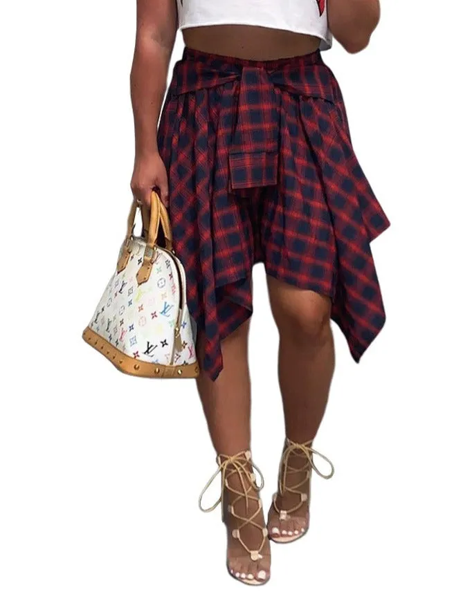 MB FASHION High-Waisted Asymmetrical Plaid Skirt with Faux Tie Detail 6556T