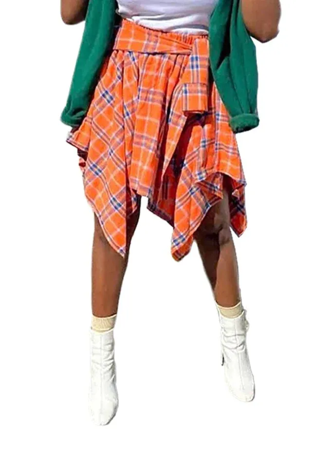 MB FASHION High-Waisted Asymmetrical Plaid Skirt with Faux Tie Detail 6556T