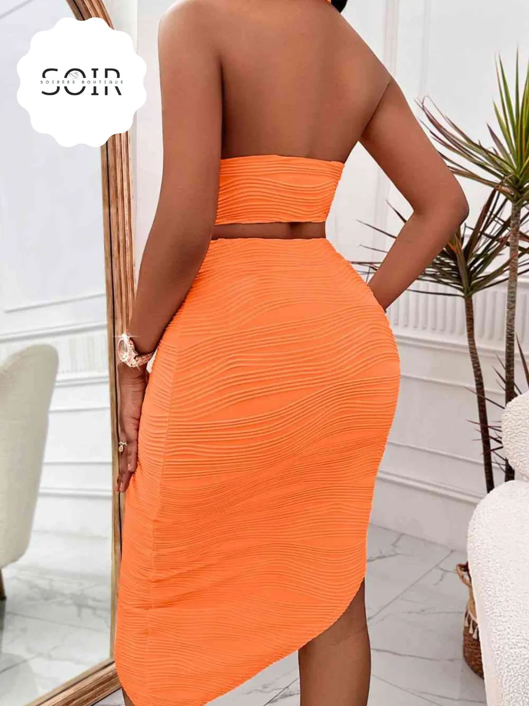 Orange Halter Neck Sleeveless Top & Asymmetrical Skirt Set