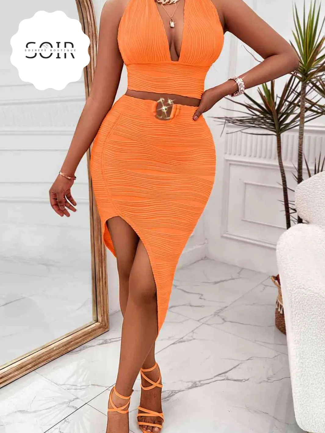 Orange Halter Neck Sleeveless Top & Asymmetrical Skirt Set