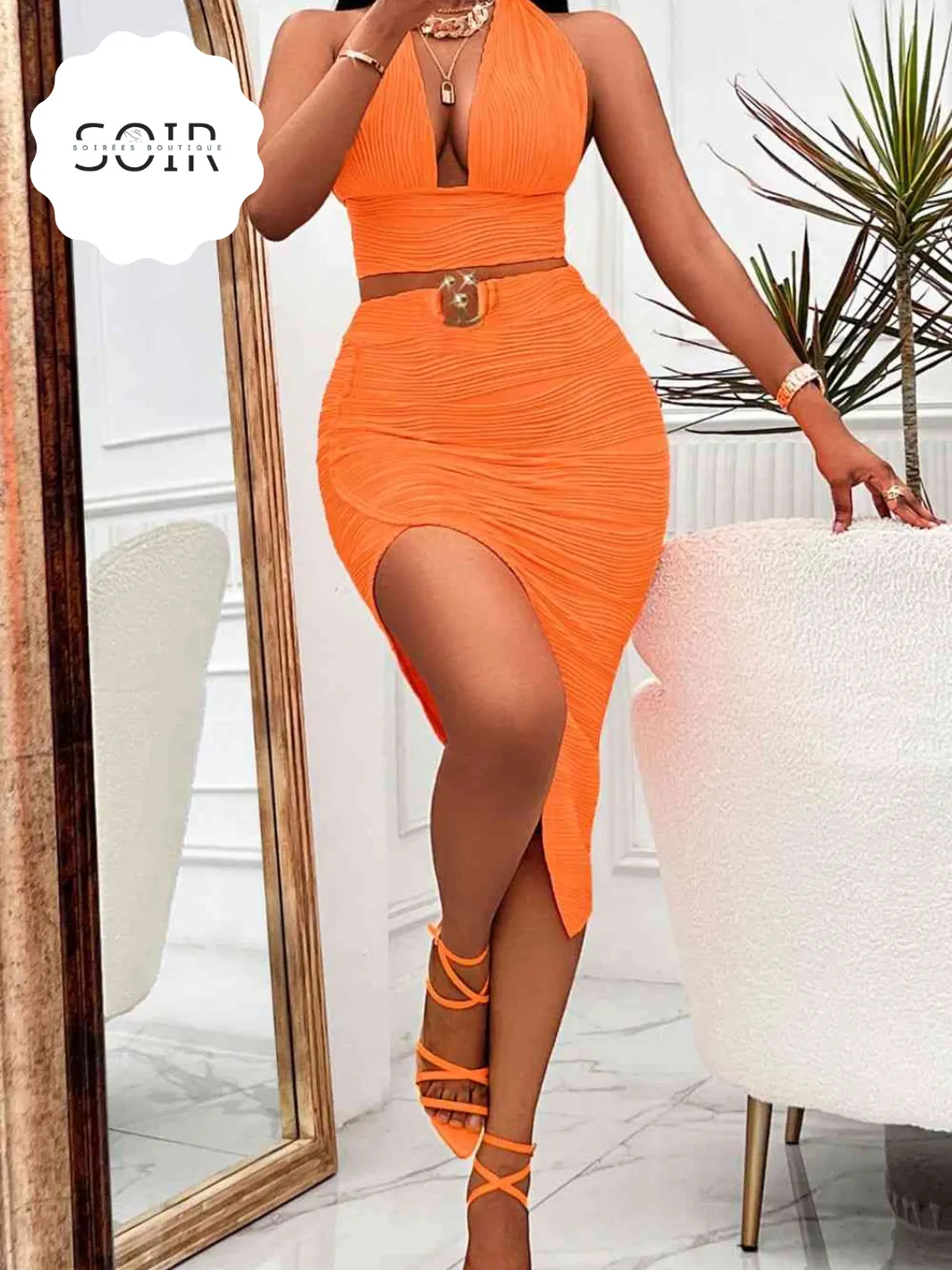 Orange Halter Neck Sleeveless Top & Asymmetrical Skirt Set
