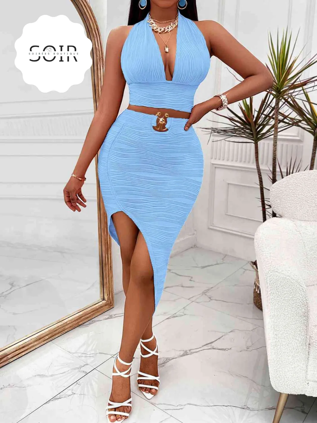 Orange Halter Neck Sleeveless Top & Asymmetrical Skirt Set