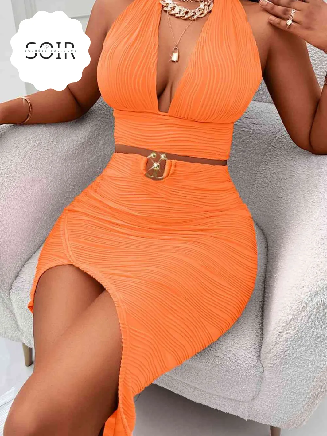 Orange Halter Neck Sleeveless Top & Asymmetrical Skirt Set