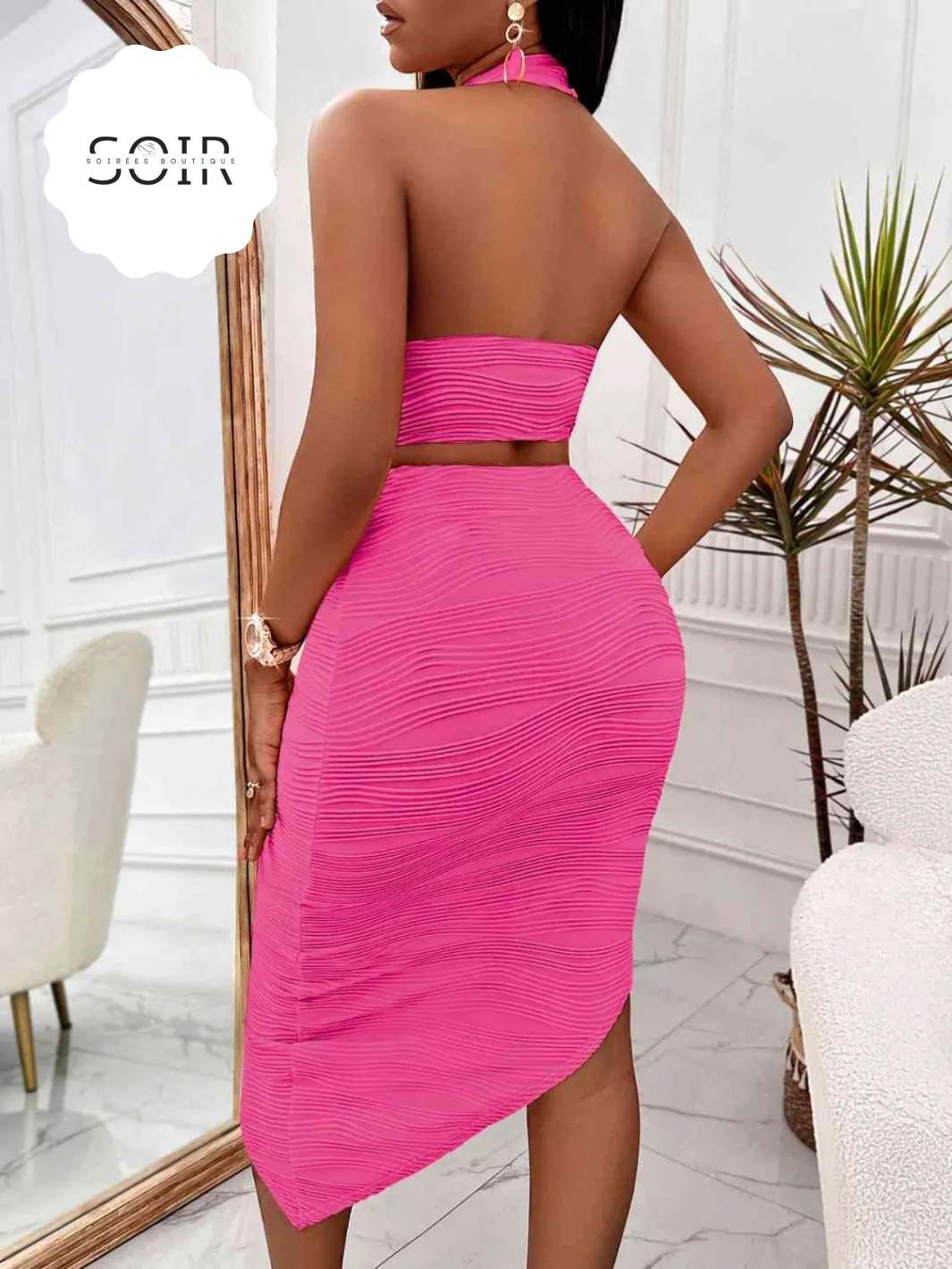 Orange Halter Neck Sleeveless Top & Asymmetrical Skirt Set