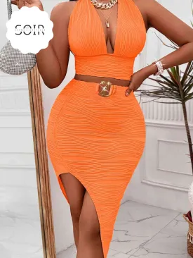 Orange Halter Neck Sleeveless Top & Asymmetrical Skirt Set