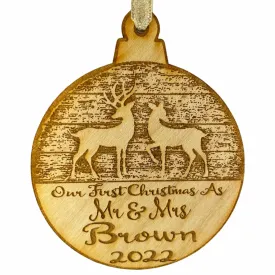 Our First Christmas Married Mr & Mrs Personalized Christmas Ornament - Newlywed Reindeer Design- Year Name Engraved Our First Christmas Gift Engagement Holiday Together Wood Custom Personalized