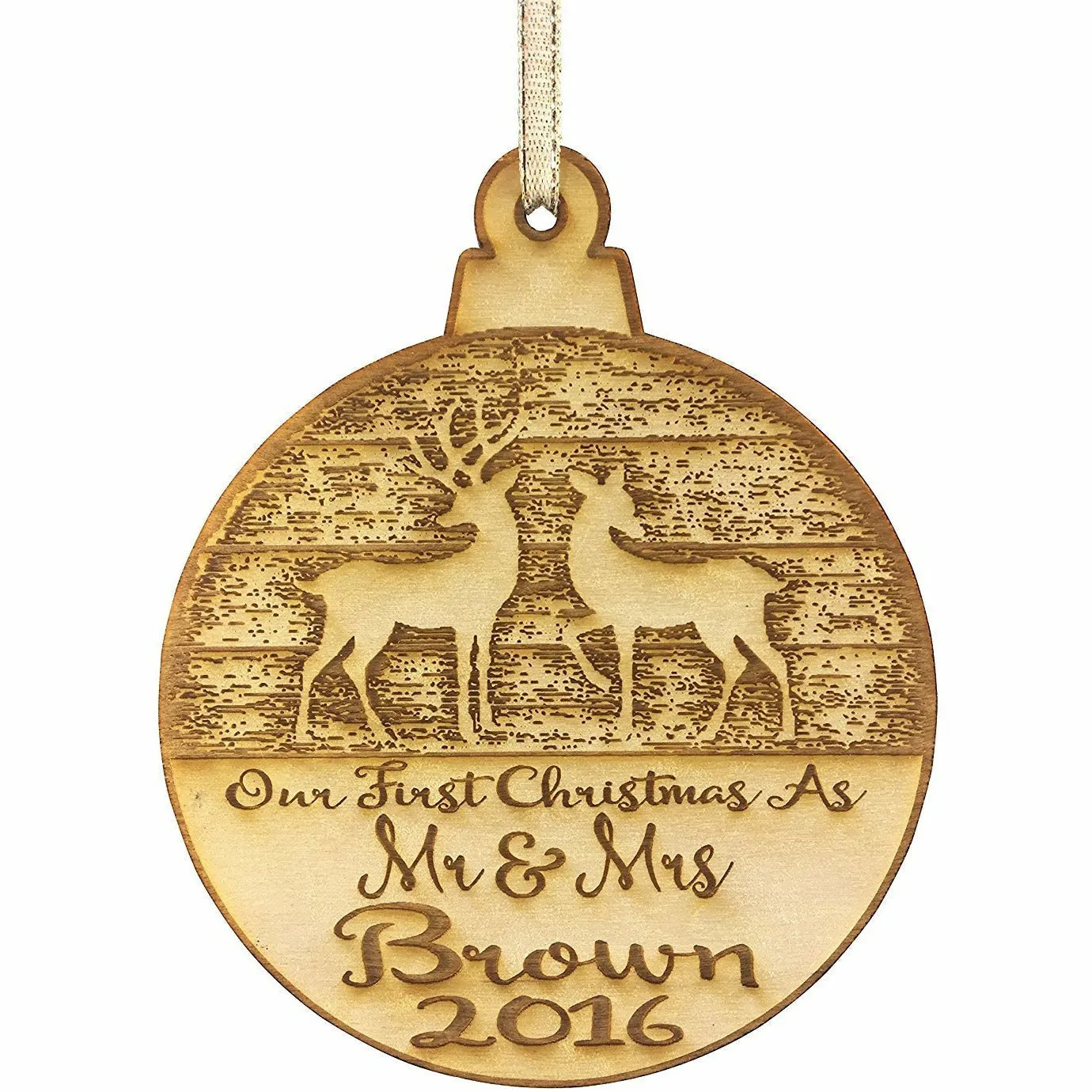 Our First Christmas Married Mr & Mrs Personalized Christmas Ornament - Newlywed Reindeer Design- Year Name Engraved Our First Christmas Gift Engagement Holiday Together Wood Custom Personalized