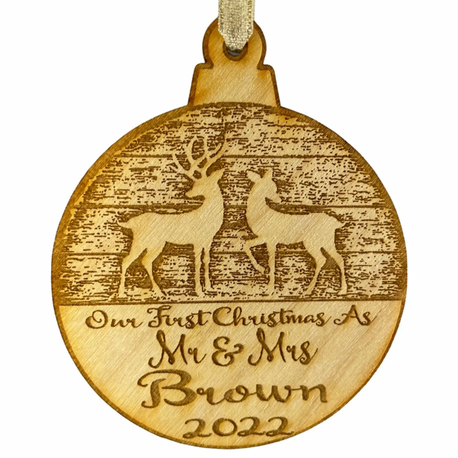 Our First Christmas Married Mr & Mrs Personalized Christmas Ornament - Newlywed Reindeer Design- Year Name Engraved Our First Christmas Gift Engagement Holiday Together Wood Custom Personalized