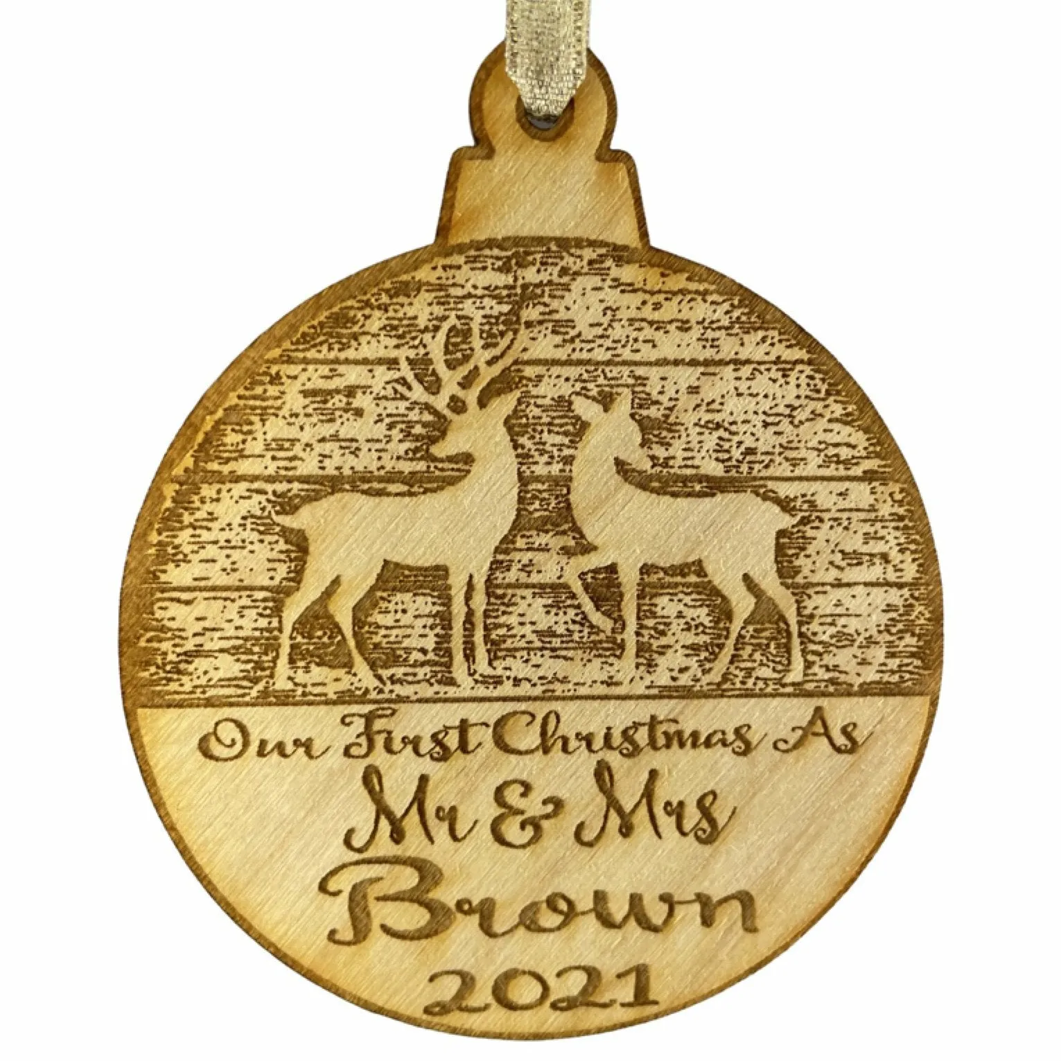 Our First Christmas Married Mr & Mrs Personalized Christmas Ornament - Newlywed Reindeer Design- Year Name Engraved Our First Christmas Gift Engagement Holiday Together Wood Custom Personalized