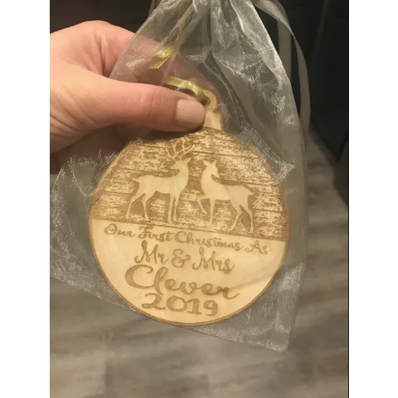 Our First Christmas Married Mr & Mrs Personalized Christmas Ornament - Newlywed Reindeer Design- Year Name Engraved Our First Christmas Gift Engagement Holiday Together Wood Custom Personalized