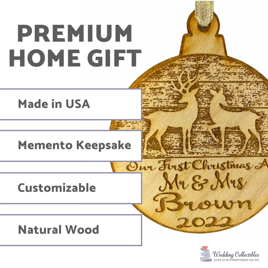 Our First Christmas Married Mr & Mrs Personalized Christmas Ornament - Newlywed Reindeer Design- Year Name Engraved Our First Christmas Gift Engagement Holiday Together Wood Custom Personalized
