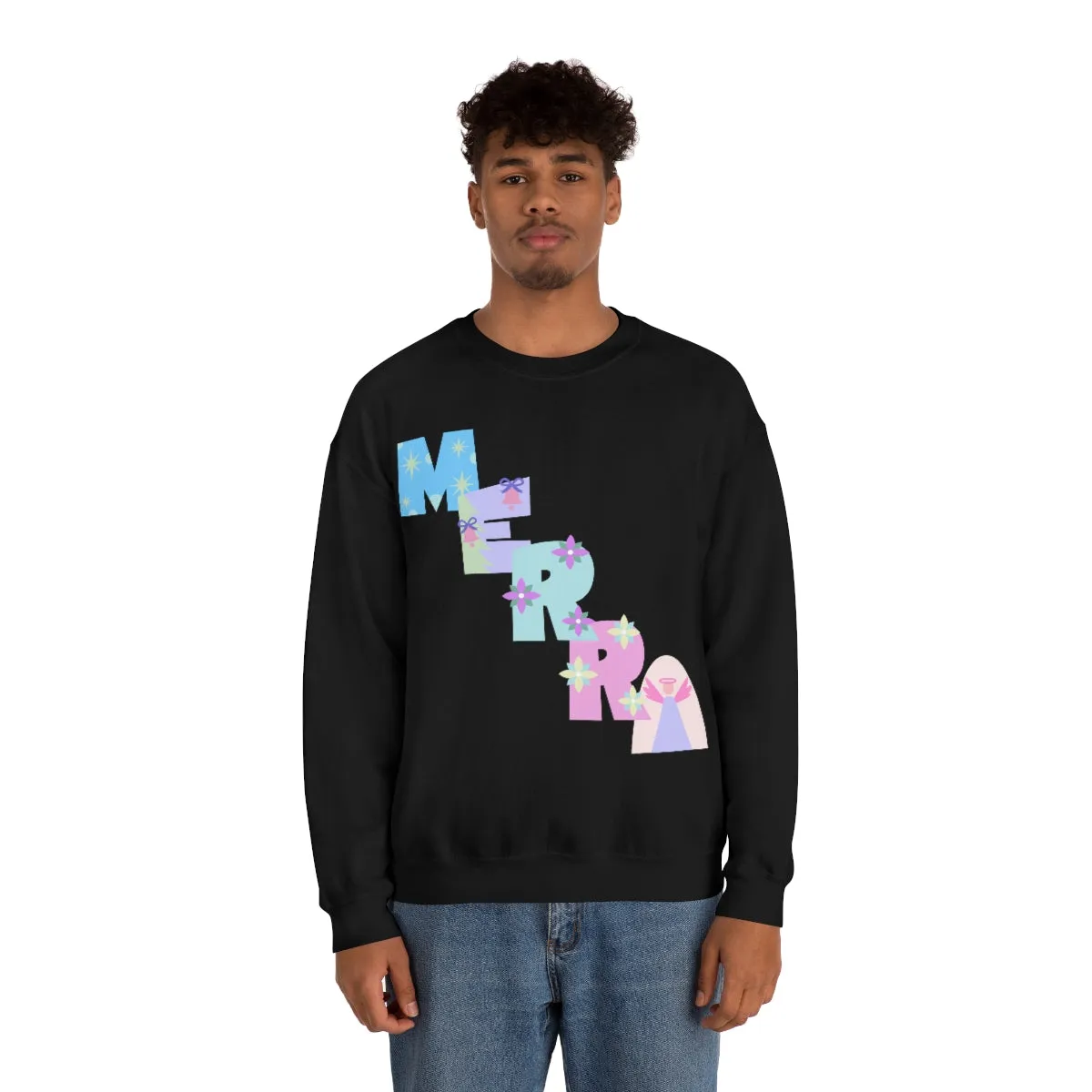 Pastel Christmas Sweatshirt, Holiday VSCO Girl Crewneck, Oversized Xmas Tumblr Sweater, Pastel Playful Letter Print Merry Trendy Sweatshirt