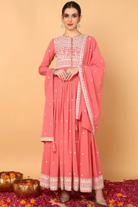 Pink Georgette Embroidered Thread Work Anarkali Set