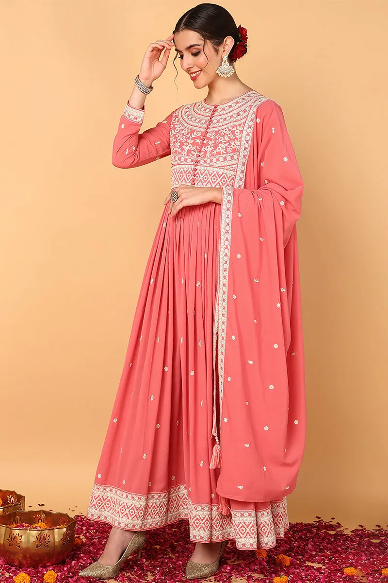 Pink Georgette Embroidered Thread Work Anarkali Set
