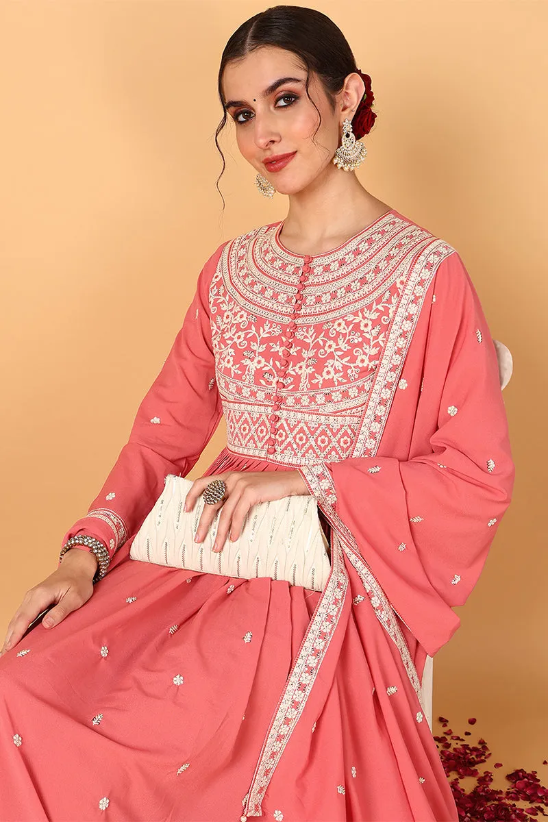 Pink Georgette Embroidered Thread Work Anarkali Set