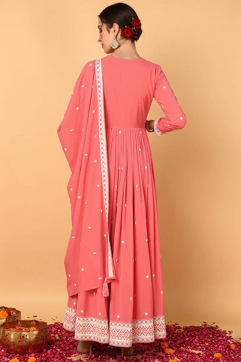 Pink Georgette Embroidered Thread Work Anarkali Set