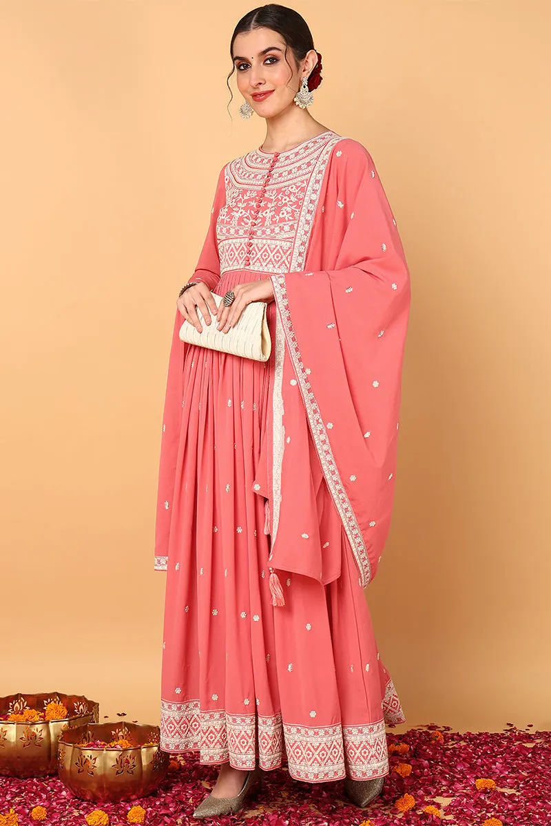 Pink Georgette Embroidered Thread Work Anarkali Set