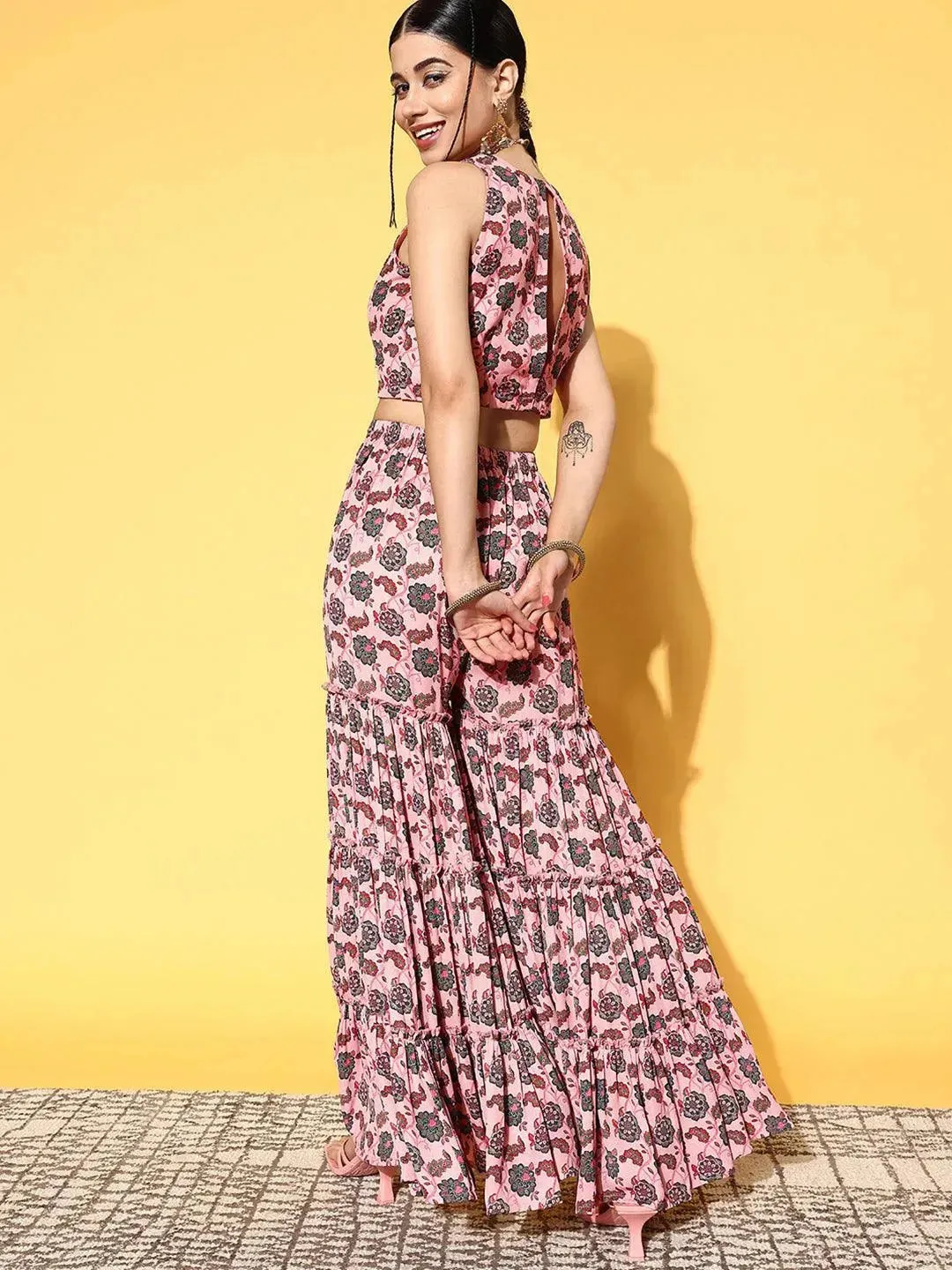 Pink Printed Georgette Top With Sharara